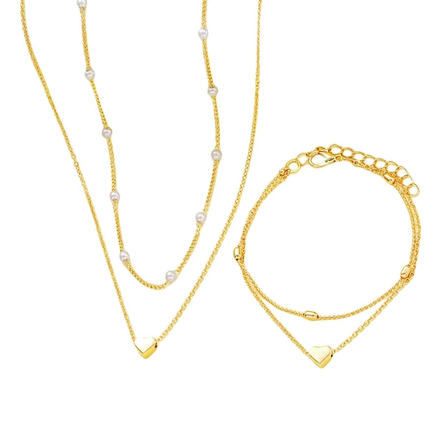 Lustrous Heart & Pearl Jewelry Set | Modern Gold/Silver Round Bead Necklace & Bracelet Duo for Daily Wear