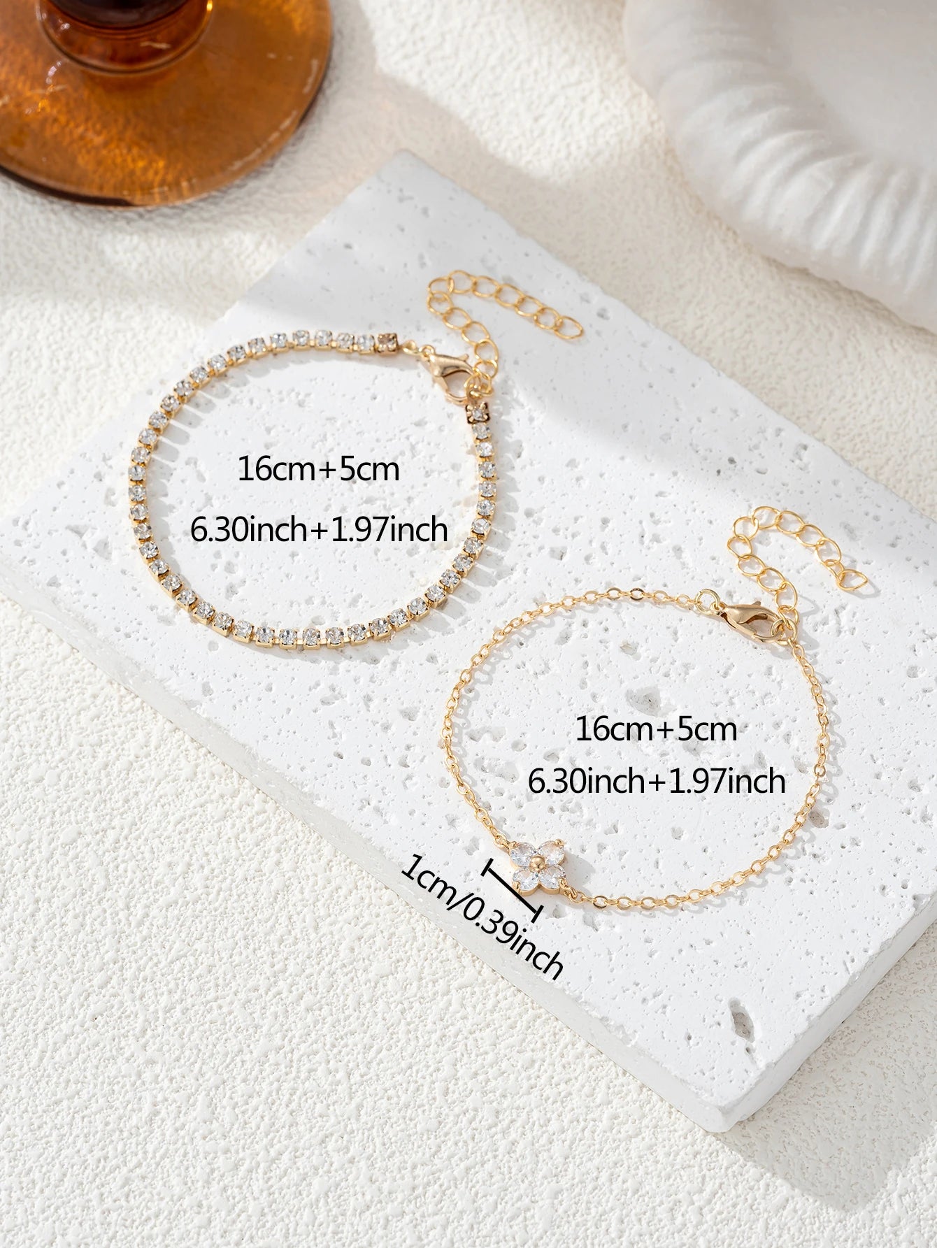 2-Piece Simple Cubic Zirconia Flower & Water Chain Bracelet Set | Delicate Daily Office Jewelry | Minimalist Floral Duo