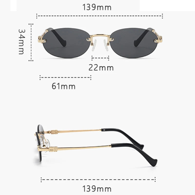 Sunglasses with dimensions labeled on a white background