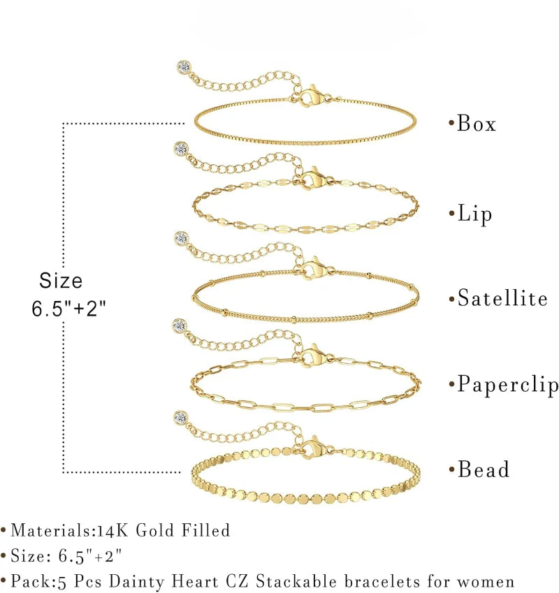 14K Dainty Gold-Plated Stackable Bracelet Set | Trendy Paperclip & Adjustable Zircon Tennis Chain | 2-Piece Cute Jewelry Suite