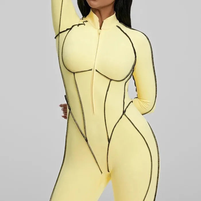 2026 Fashion Sexy Slim-Fit Yoga Bodysuit | Long Sleeve Zipper Gym Workout Jumpsuit | High-Compression Outdoor Activewear & Running Romper