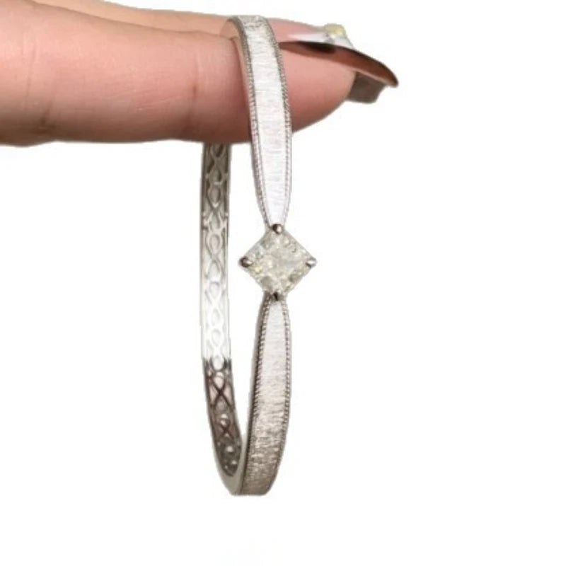 Retro Princess-Cut Square Diamond Bracelet | Light Luxury Brushed Texture High-End Minimalist Party Bangle