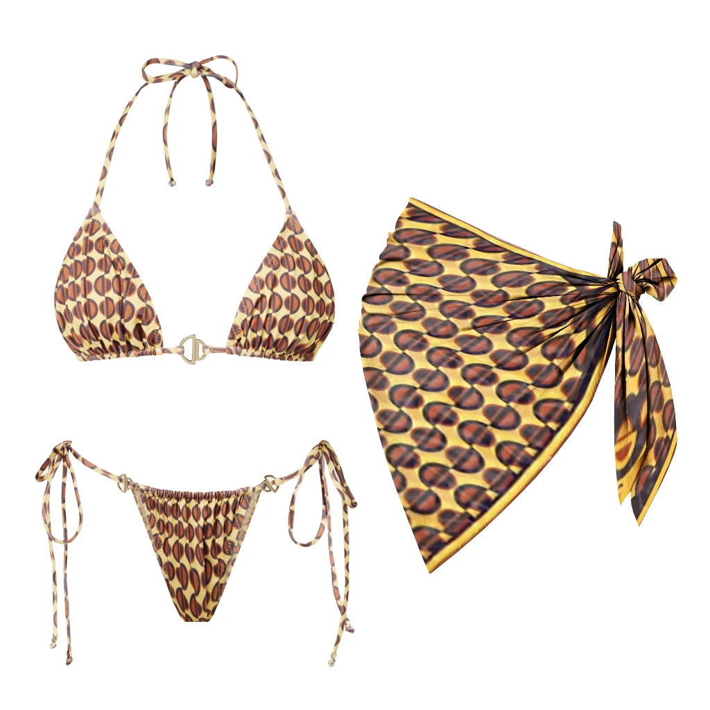 3-Piece Printed Bandeau Bikini & Mini Skirt Set | Sexy Strapless Swimsuit & High-Waist Beachwear Cover-Up