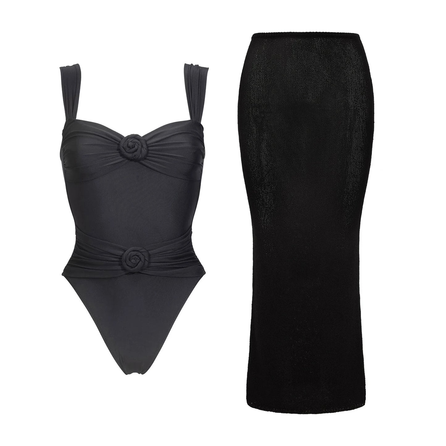 3-Piece 3D Floral Bikini Set | Push-Up Swimsuit with Matching Mesh Cover-Up Skirt