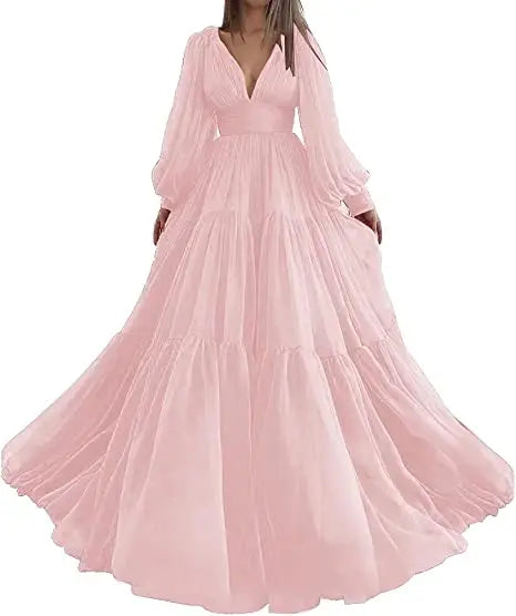 Bridalaffair Pleated Tulle Princess Gown | Puff Sleeve V-Neck Plus Size Prom & Wedding Dress