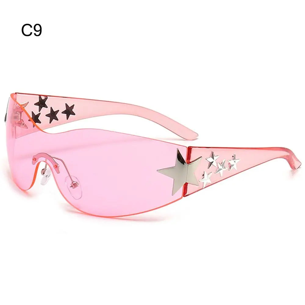 Rimless Y2K Star Shield Sunglasses | 3D Rhinestone Punk Goggle Eyewear | UV400 Trendy Sun Glasses
