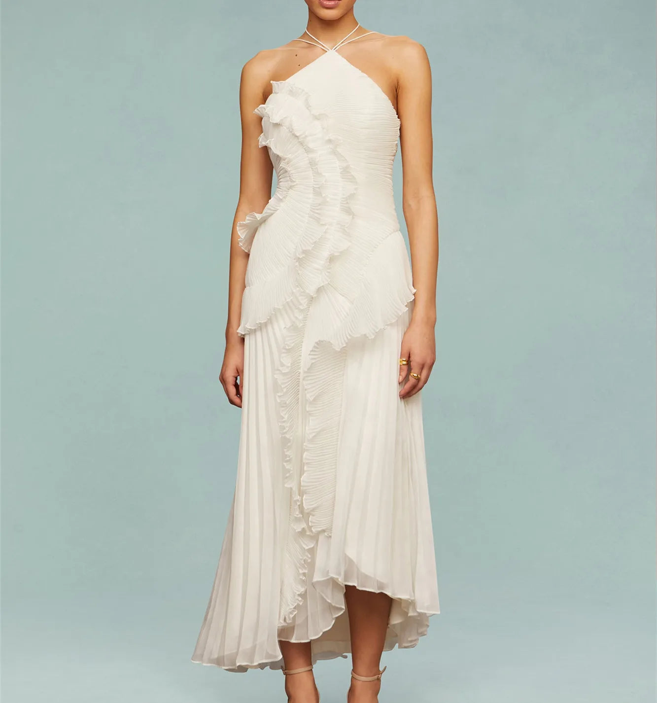 Elegant Ruffle Pleated Maxi Dress | Sleeveless Halter Irregular Tiered Gown | Flowy Pleated Wedding Guest & Party Dress