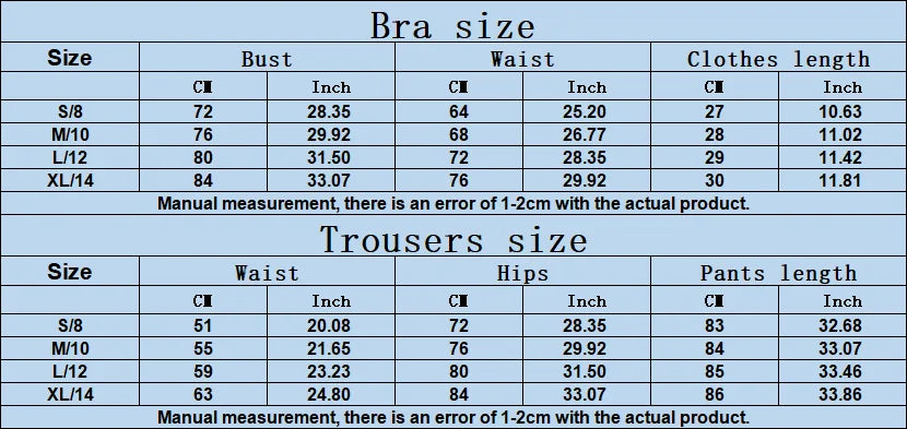 Size chart for bras and trousers with measurements in centimeters and inches.