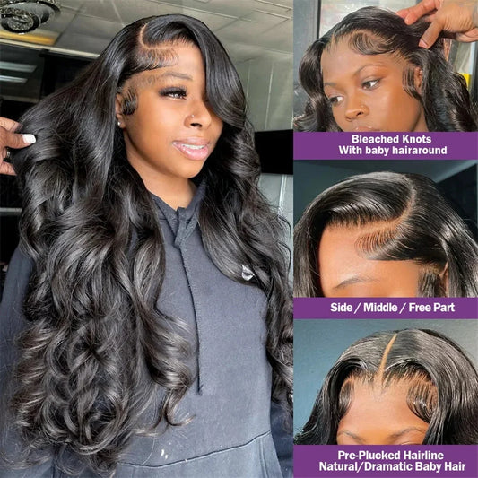 Woman with styled hair and close-up details of a wig with text overlay on a purple background.