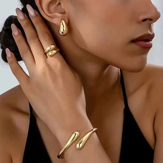 3-Piece "Liquid Gold" Jewelry Set | Water Drop Spring Bangle, Ring & Earrings