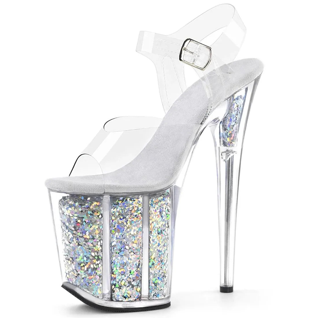 Pole High-heeled shoe with glittery platform on a white background