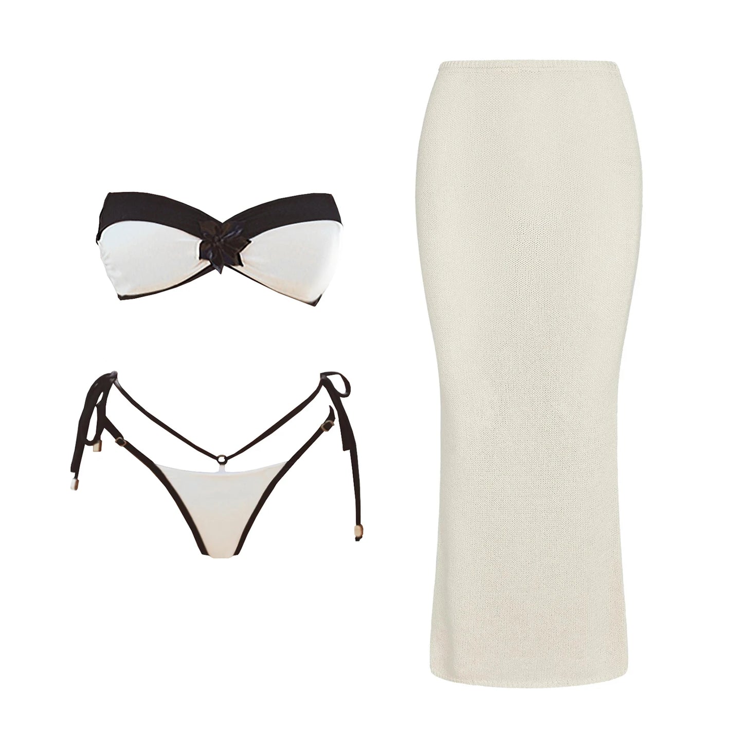 3-Piece 3D Floral Bikini Set | Push-Up Swimsuit with Matching Mesh Cover-Up Skirt