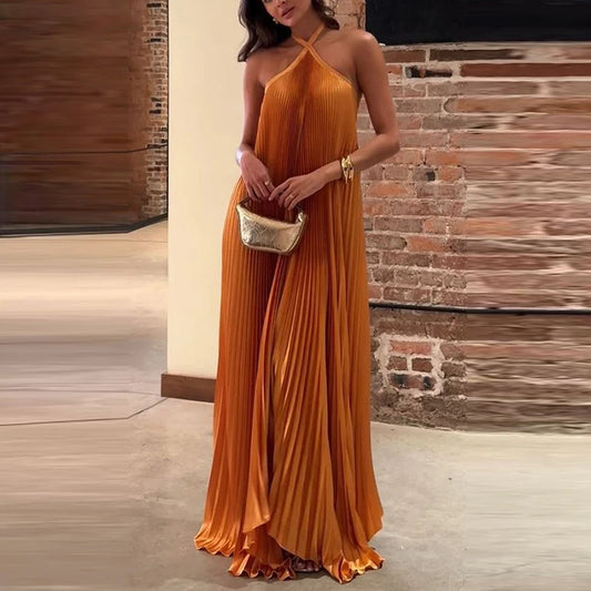 Elegant Pleated Halter Maxi Dress | Sexy Hollow-Out Backless Evening Gown | Loose-Fit Solid Color Summer Party Dress