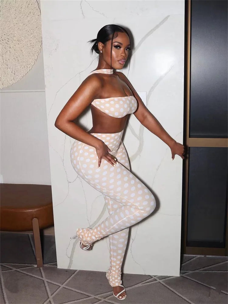 "Peach Hip" Polka Dot 2-Piece Set | Halter Backless Wrap Top & Ruched Skinny Pants