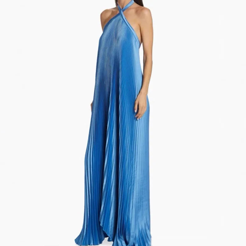 Elegant Pleated Halter Maxi Dress | Sexy Hollow-Out Backless Evening Gown | Loose-Fit Solid Color Summer Party Dress