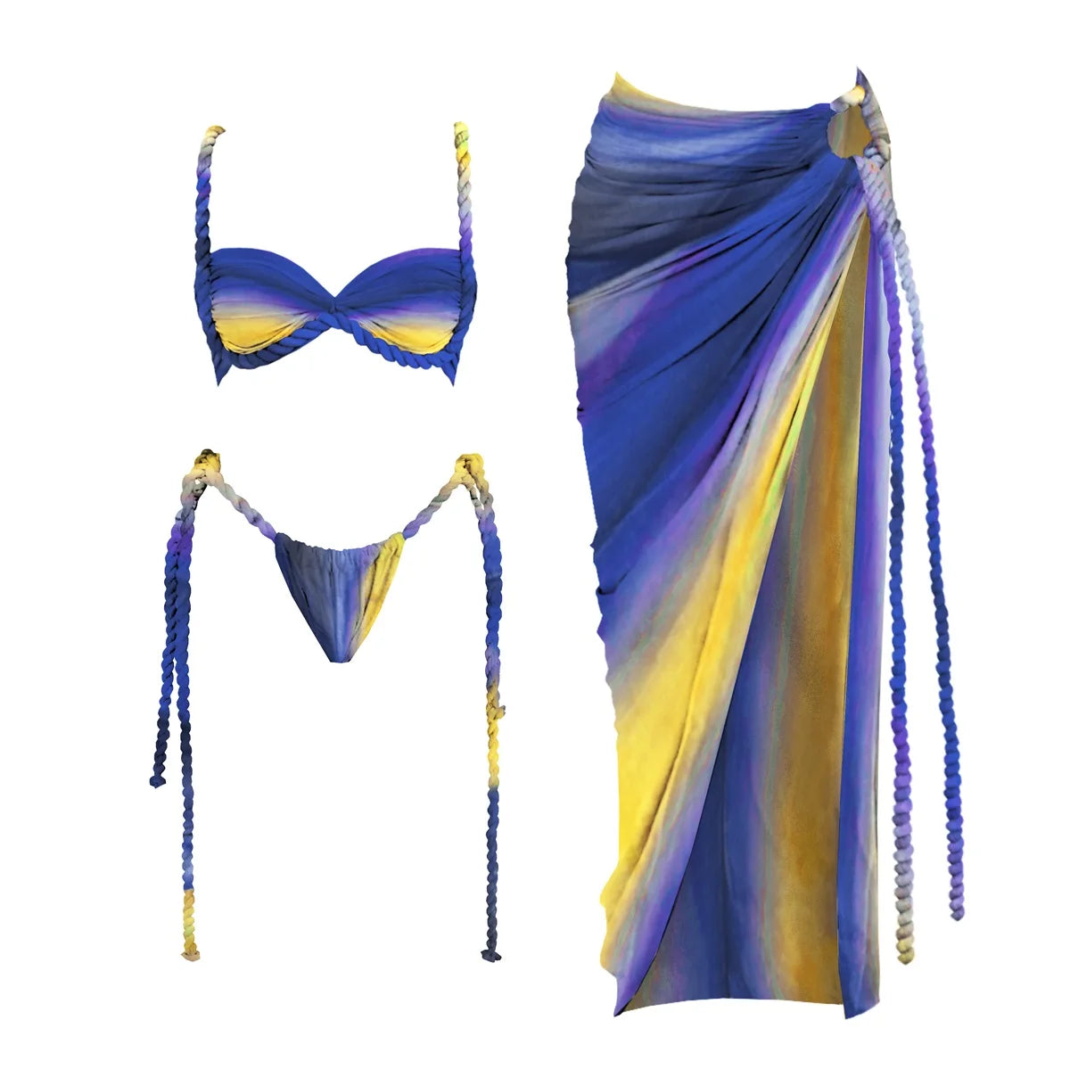 3-Piece Sexy Crochet Bikini Set | Halter Push-Up Swimsuit & Strappy Beachwear Bodysuit