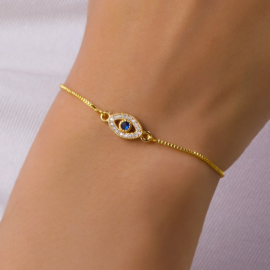 Luxury Gold Evil Blue Eye Zircon Bracelet | Adjustable Lucky Charm Bangle | Handmade High-Fire Crystal Jewelry Gift