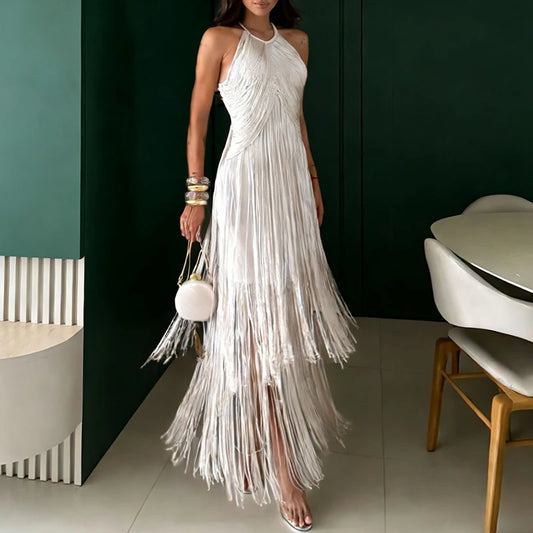 Pink Halter-Neck Fringe Maxi Dress | Sexy Backless Hollow-Out Evening Gown | Slim-Fit High-Waist Summer Resort Wear