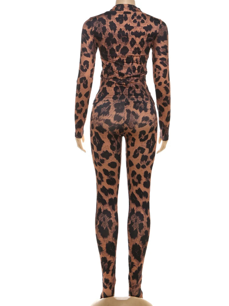 Women’s Leopard Print Matching Set | Long Sleeve T-Shirt & Skinny Pants