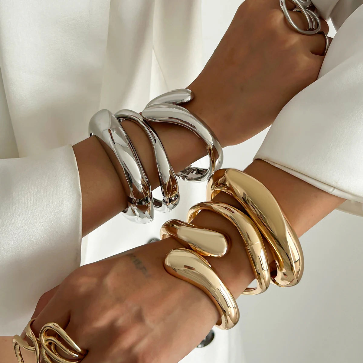 4-Style Liquid Gold "Water Drop" Spring Bangles | Luxury Irregular Geometric Cuff Set