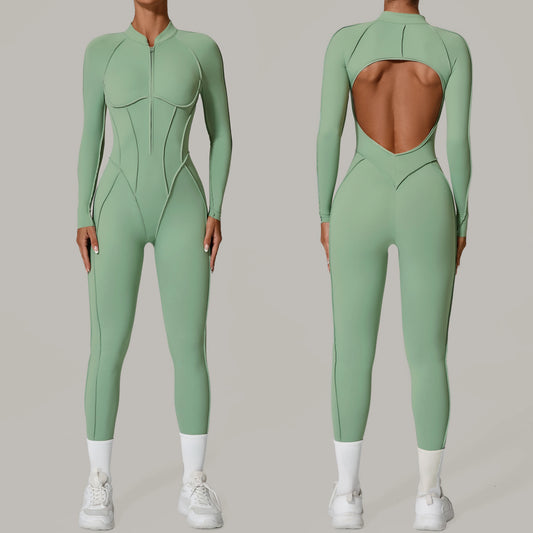 2026 Padded Sculpt-Fit Yoga Jumpsuit | Backless Zipper Gym Workout Bodysuit | Sexy Long-Sleeved Performance Sportswear & Fitness Outfit