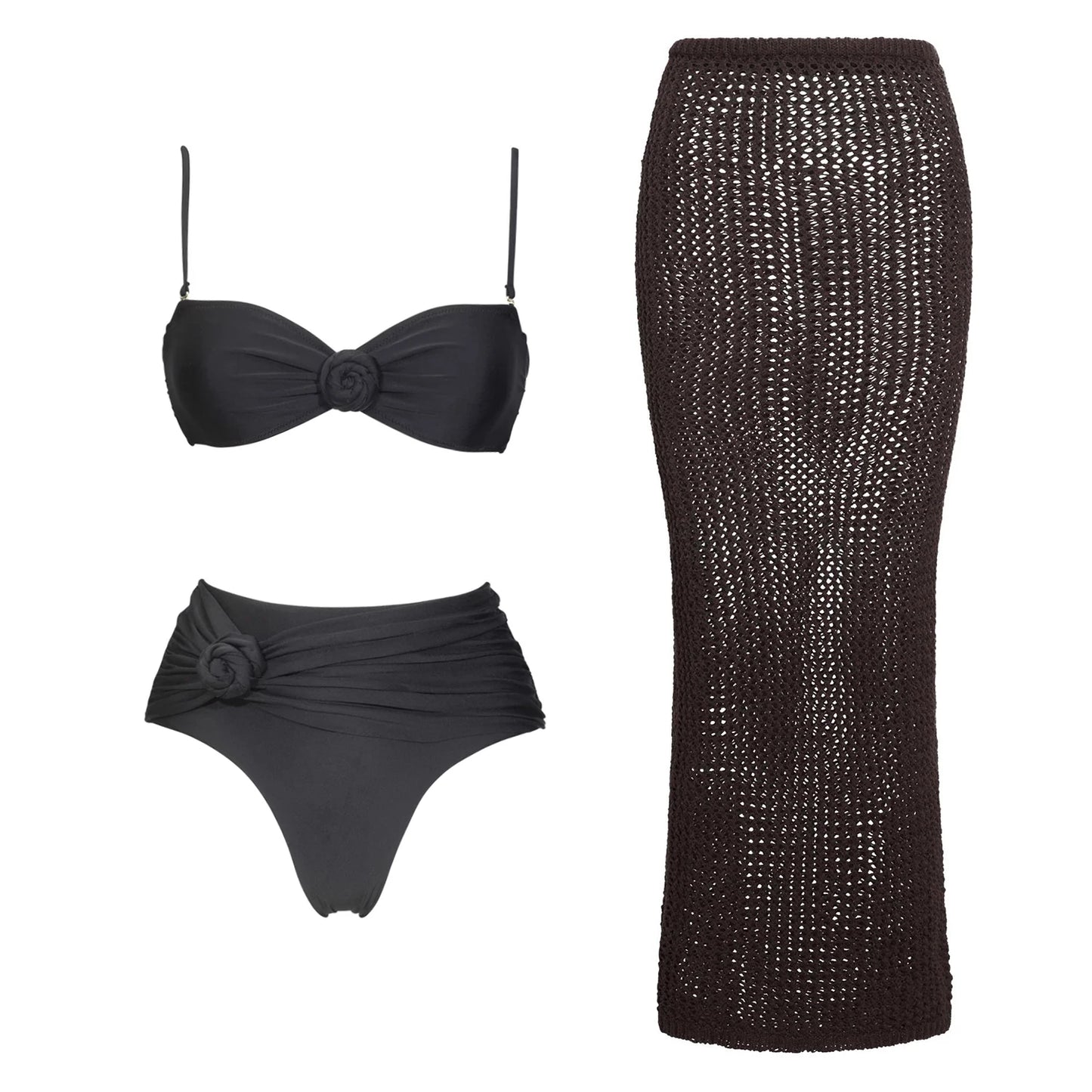 3-Piece 3D Floral Bikini Set | Push-Up Swimsuit with Matching Mesh Cover-Up Skirt