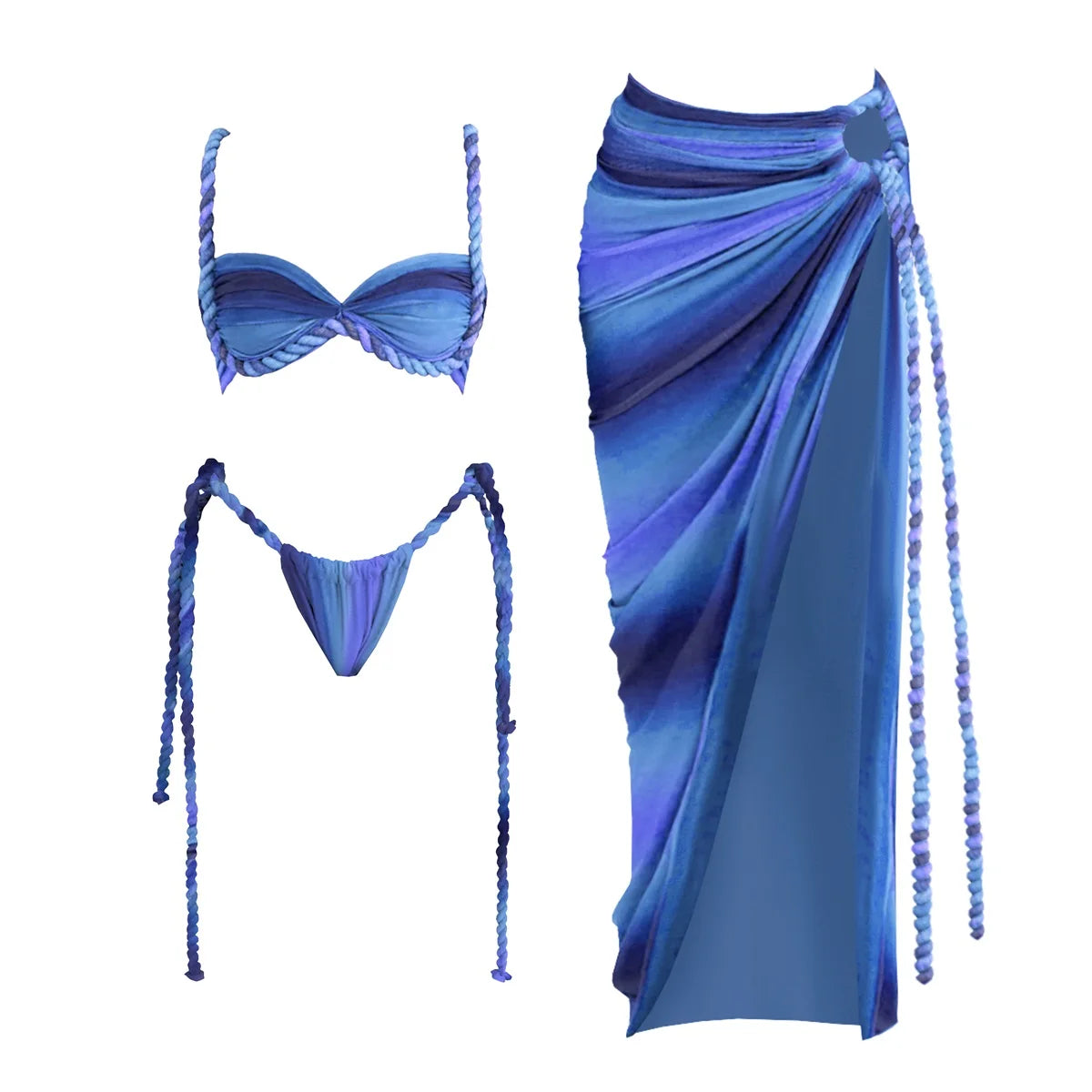 3-Piece Sexy Crochet Bikini Set | Halter Push-Up Swimsuit & Strappy Beachwear Bodysuit