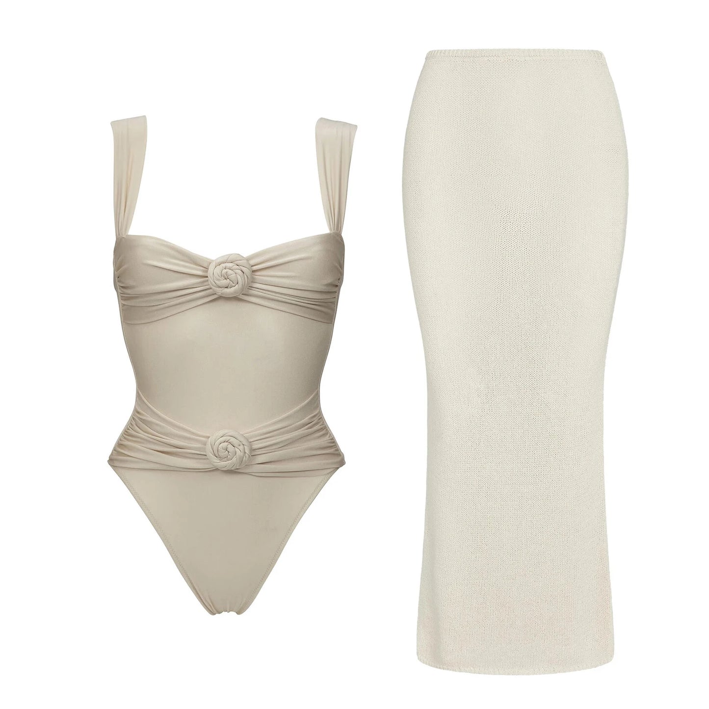 3-Piece 3D Floral Bikini Set | Push-Up Swimsuit with Matching Mesh Cover-Up Skirt