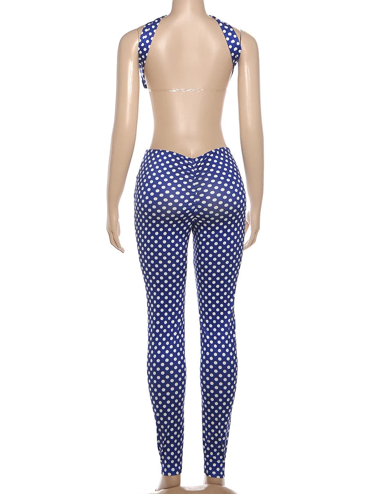 "Peach Hip" Polka Dot 2-Piece Set | Halter Backless Wrap Top & Ruched Skinny Pants