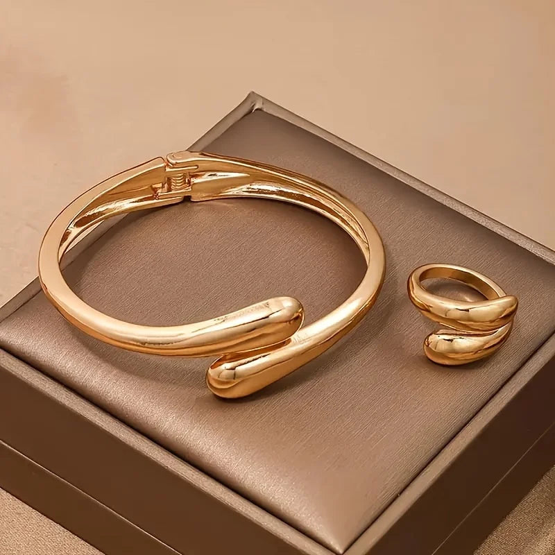 3-Piece "Liquid Gold" Jewelry Set | Water Drop Spring Bangle, Ring & Earrings