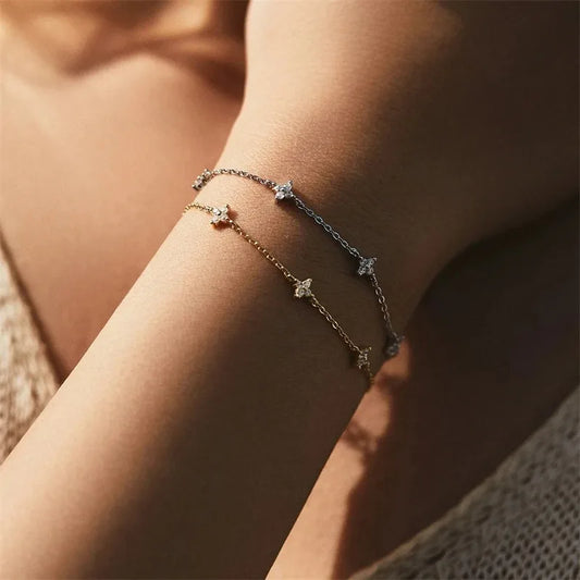 Crystal Flower Stainless Steel Bracelet | Korean Fashion Flower Charm Jewelry | Waterproof Anniversary Gift for Women