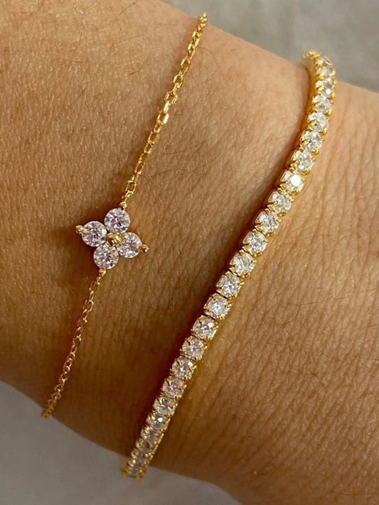 2-Piece Simple Cubic Zirconia Flower & Water Chain Bracelet Set | Delicate Daily Office Jewelry | Minimalist Floral Duo