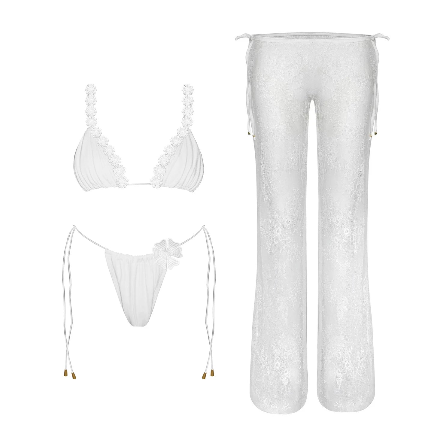 3-Piece 3D Floral Bikini Set | Push-Up Swimsuit with Matching Mesh Cover-Up Skirt