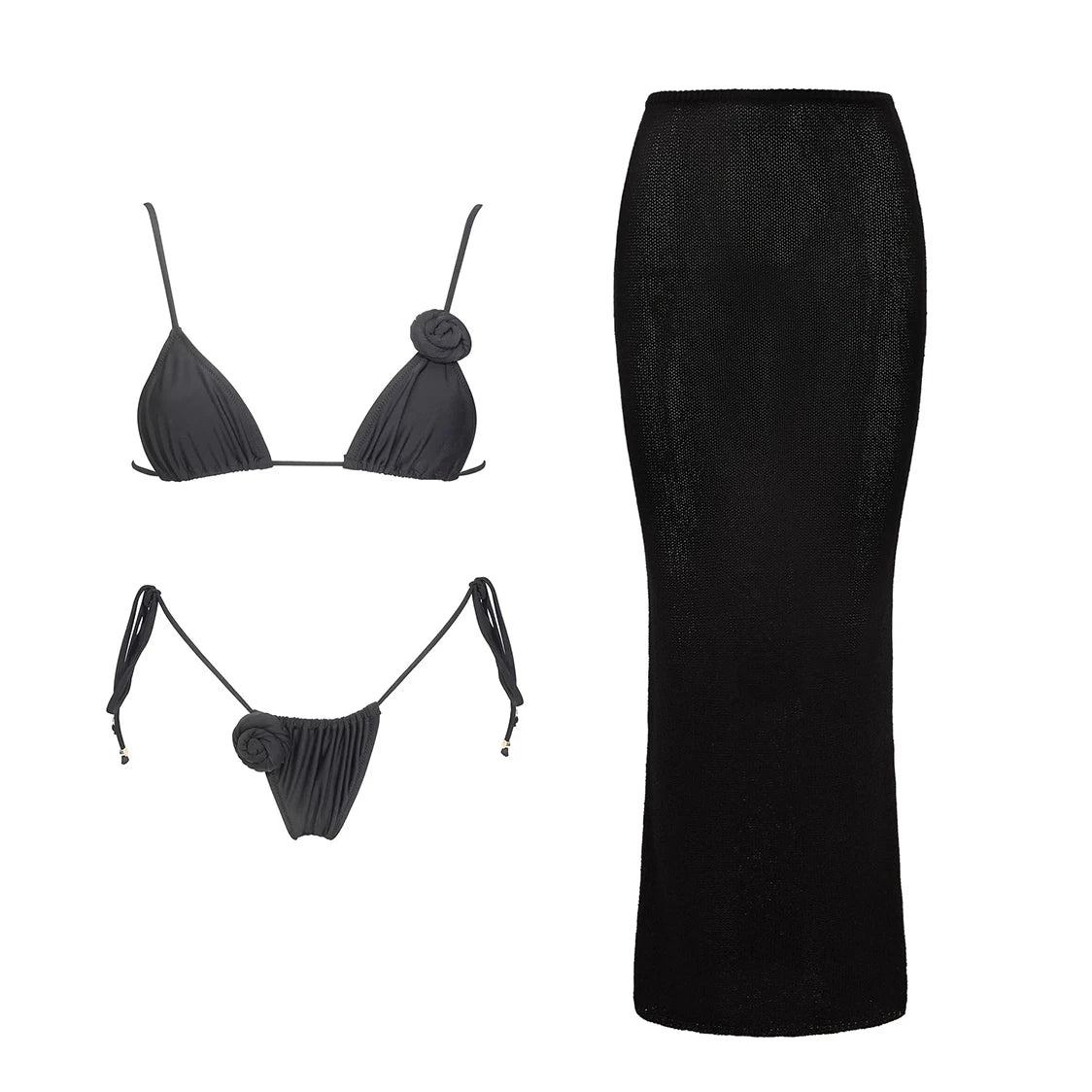 3-Piece 3D Floral Bikini Set | Push-Up Swimsuit with Matching Mesh Cover-Up Skirt