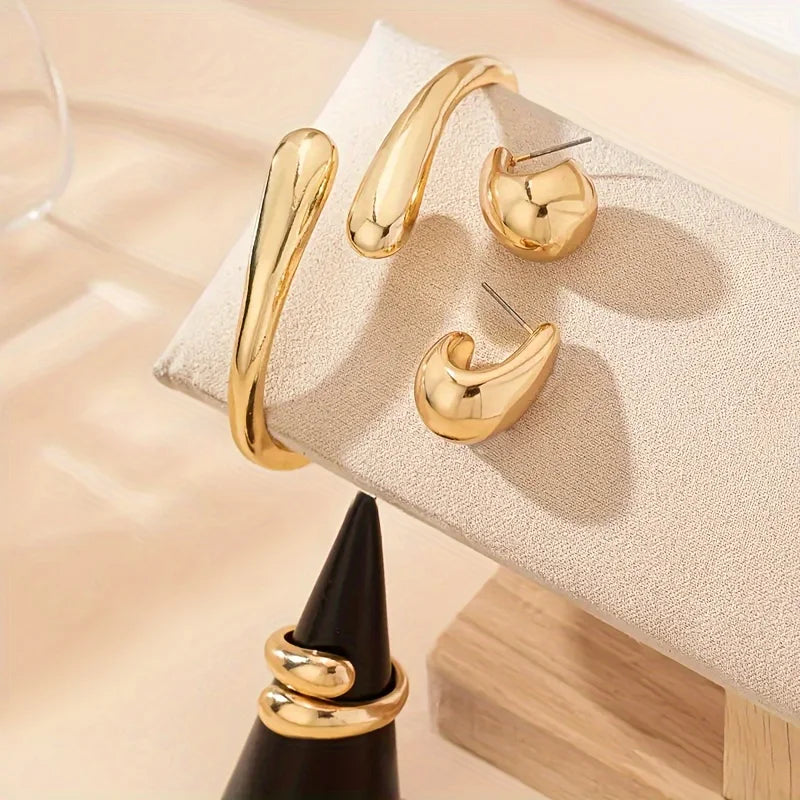 3-Piece "Liquid Gold" Jewelry Set | Water Drop Spring Bangle, Ring & Earrings