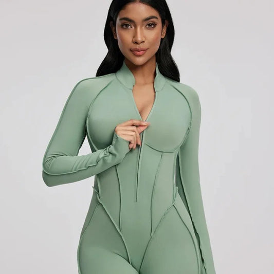 2026 Fashion Sexy Slim-Fit Yoga Bodysuit | Long Sleeve Zipper Gym Workout Jumpsuit | High-Compression Outdoor Activewear & Running Romper