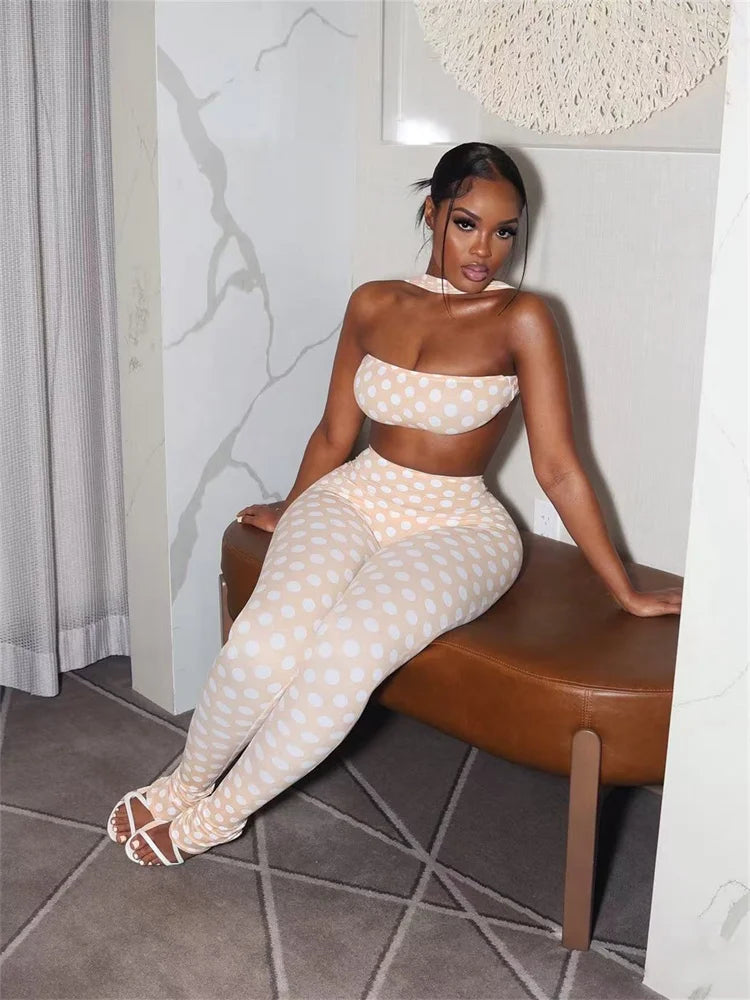 "Peach Hip" Polka Dot 2-Piece Set | Halter Backless Wrap Top & Ruched Skinny Pants