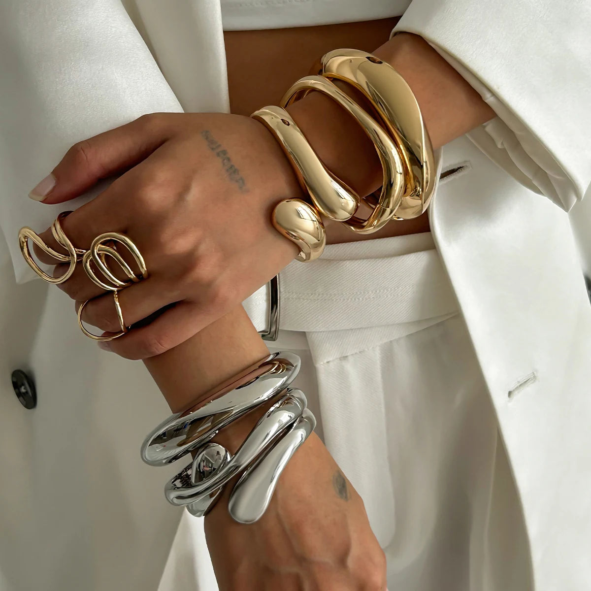 4-Style Liquid Gold "Water Drop" Spring Bangles | Luxury Irregular Geometric Cuff Set