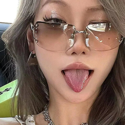 Sparkling Diamond Rimless Sunglasses for Women | Y2K Vintage Goggles