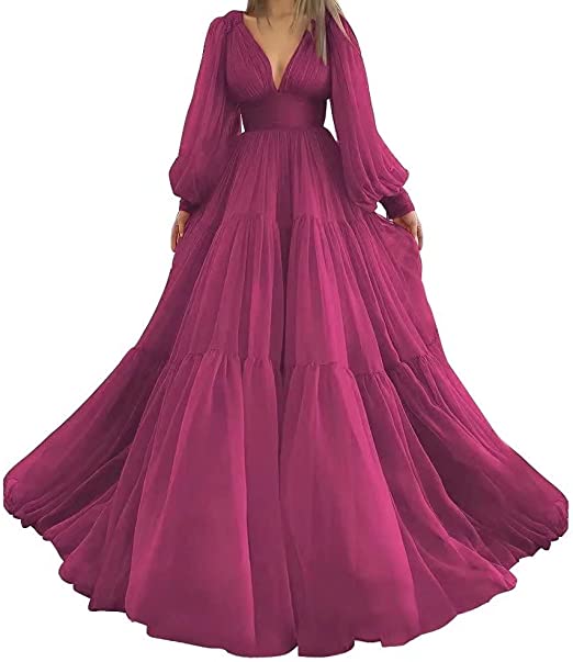 Bridalaffair Pleated Tulle Princess Gown | Puff Sleeve V-Neck Plus Size Prom & Wedding Dress