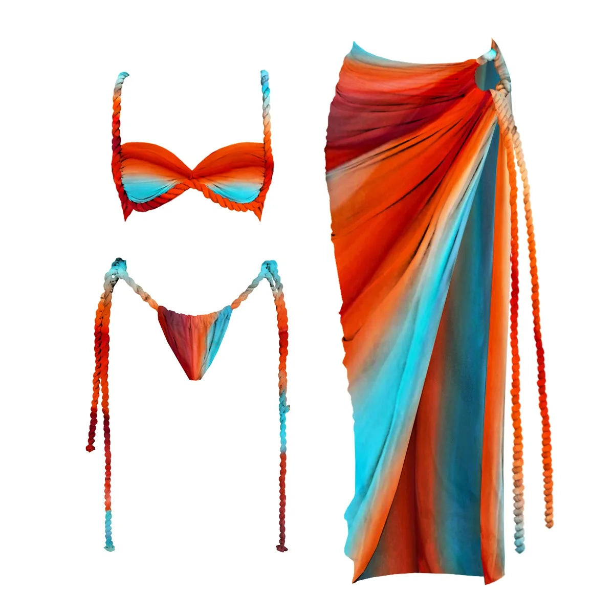 3-Piece Sexy Crochet Bikini Set | Halter Push-Up Swimsuit & Strappy Beachwear Bodysuit