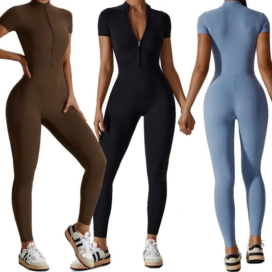 2026 Naked-Feel Zipper Yoga Jumpsuit | Short-Sleeved Breathable Fitness Bodysuit | Sexy Tight-Fitting Outdoor Sports & Gym Romper