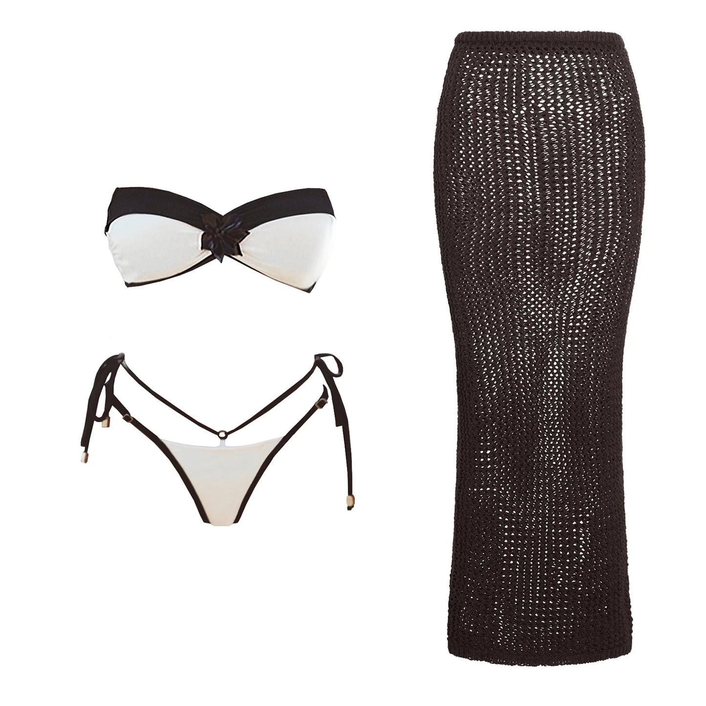 3-Piece 3D Floral Bikini Set | Push-Up Swimsuit with Matching Mesh Cover-Up Skirt