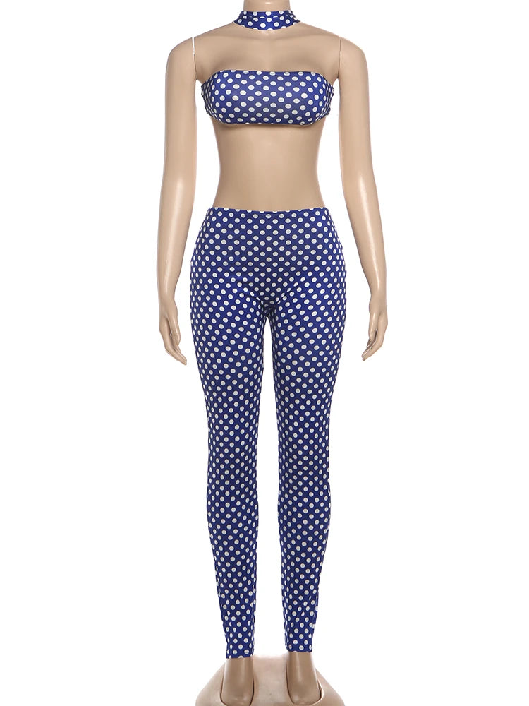 "Peach Hip" Polka Dot 2-Piece Set | Halter Backless Wrap Top & Ruched Skinny Pants