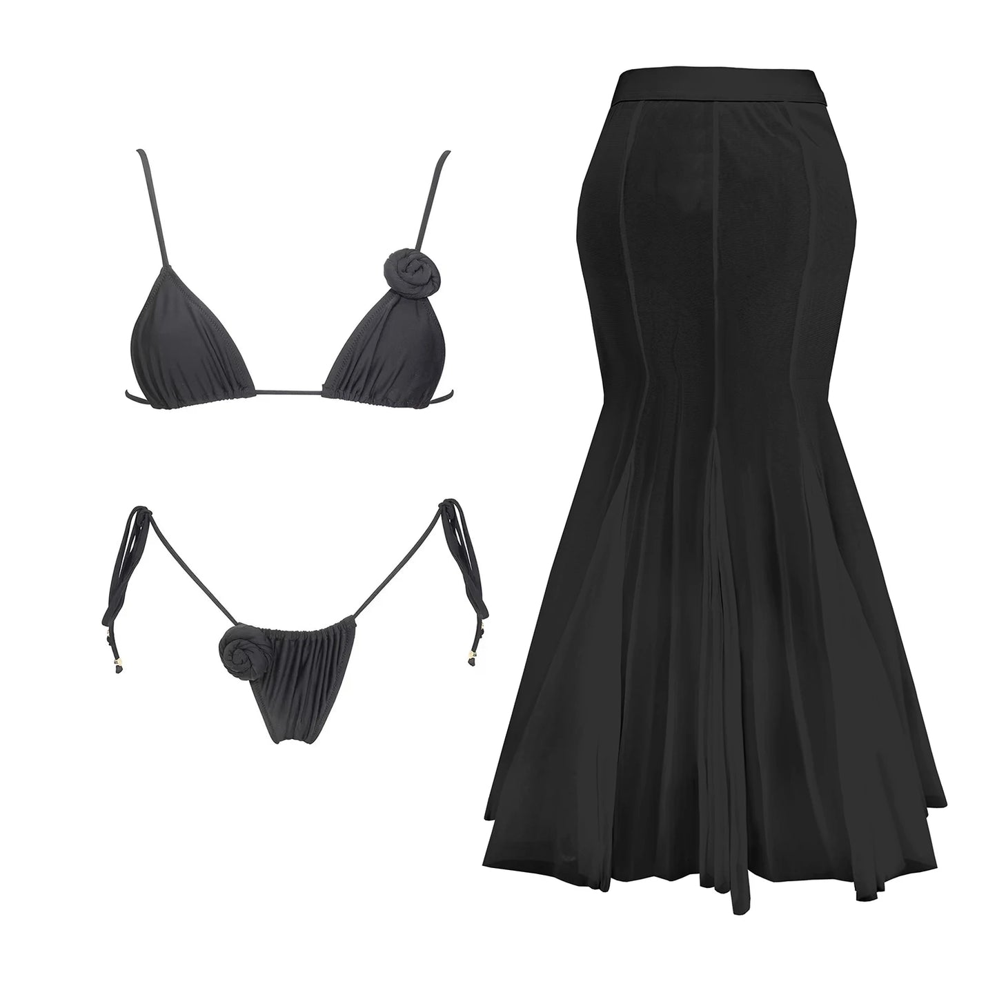 3-Piece 3D Floral Bikini Set | Push-Up Swimsuit with Matching Mesh Cover-Up Skirt