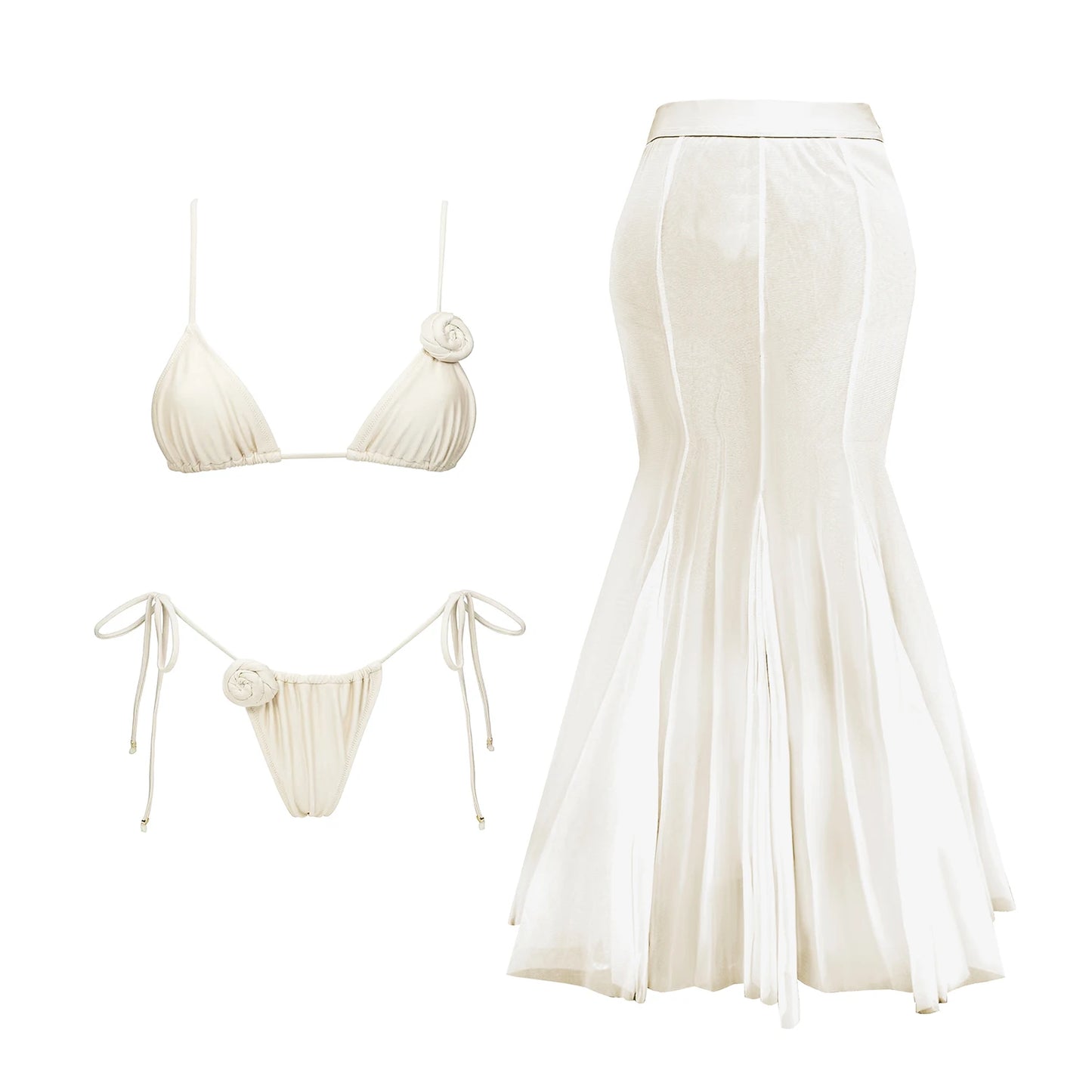 3-Piece 3D Floral Bikini Set | Push-Up Swimsuit with Matching Mesh Cover-Up Skirt